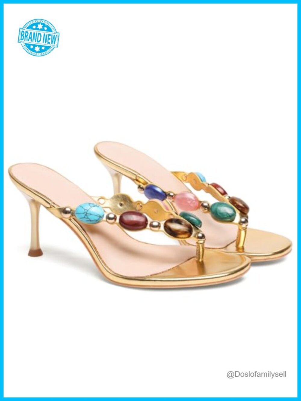 Jeweled Strappy Thong Heeled Sandals Open Toe Mid Heel Slip On
